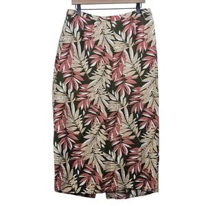 Liz Claiborne Womens Tropical Leaf Print Midi Skirt Green Pink Size 14 Elastic